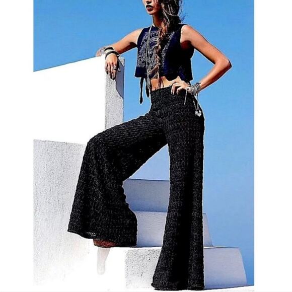 NWT Free People Black Velour Sheer Wide Leg Pants - Picture 6 of 7